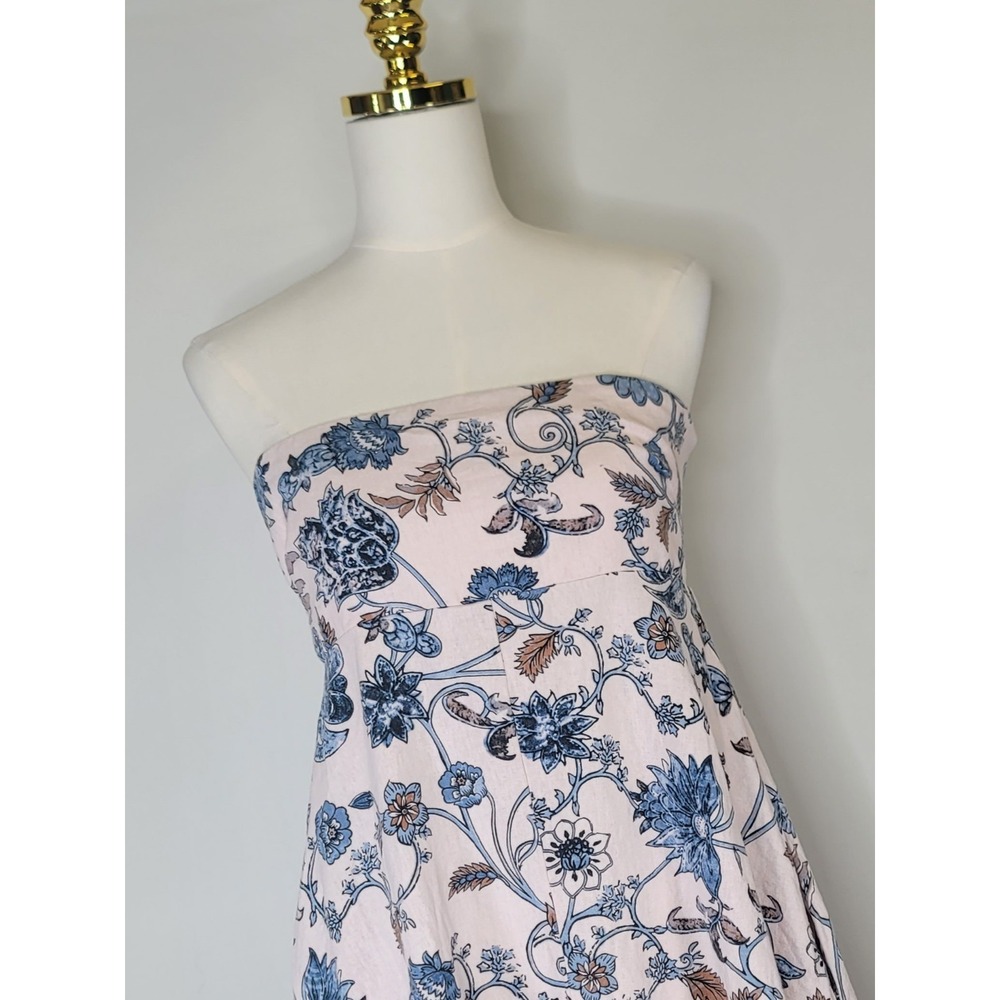 Rachel Zoe Strapless Linen Blend Floral Midi Dress Pink Blue Medium